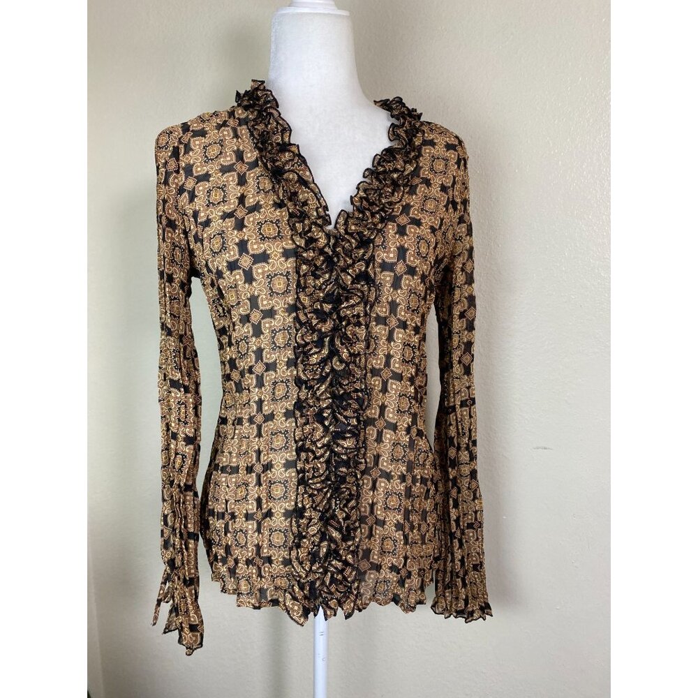 INC Y2K Paisley Ruffle Button Up Blouse Top Size 12 Sheer Brown Long Sleeve 90s